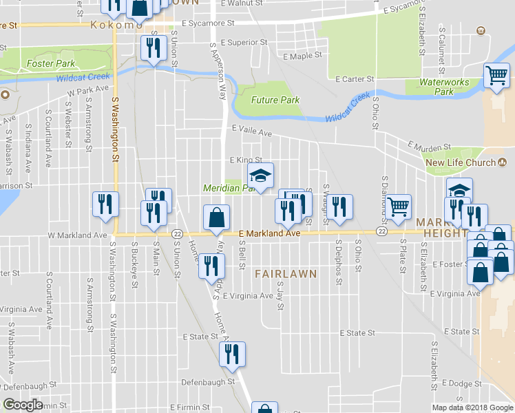 map of restaurants, bars, coffee shops, grocery stores, and more near 815 South Purdum Street in Kokomo