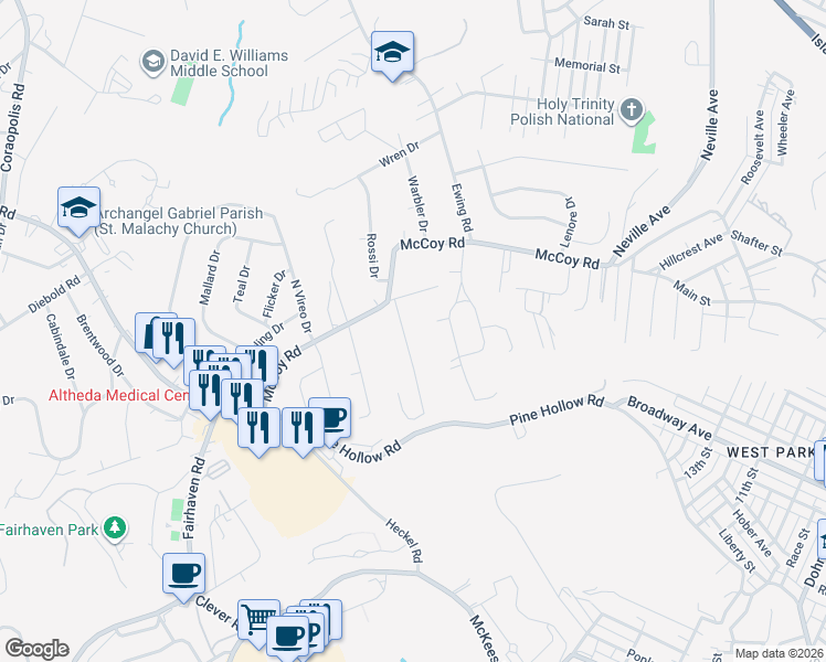 map of restaurants, bars, coffee shops, grocery stores, and more near 15 Highland Drive in McKees Rocks