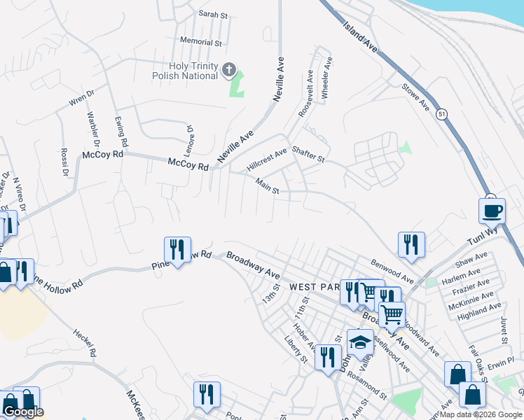 map of restaurants, bars, coffee shops, grocery stores, and more near 411 Phillips Avenue in McKees Rocks