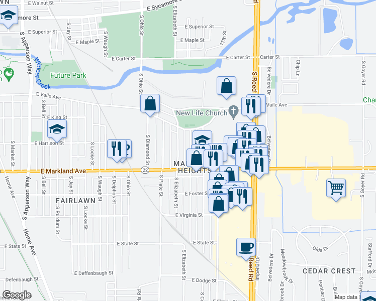 map of restaurants, bars, coffee shops, grocery stores, and more near 815 South Calumet Street in Kokomo