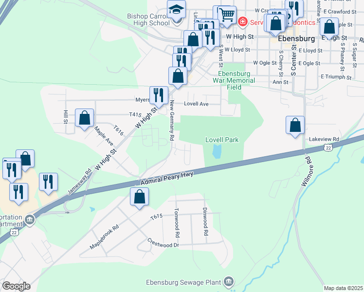 map of restaurants, bars, coffee shops, grocery stores, and more near 123 McConahy Way in Ebensburg