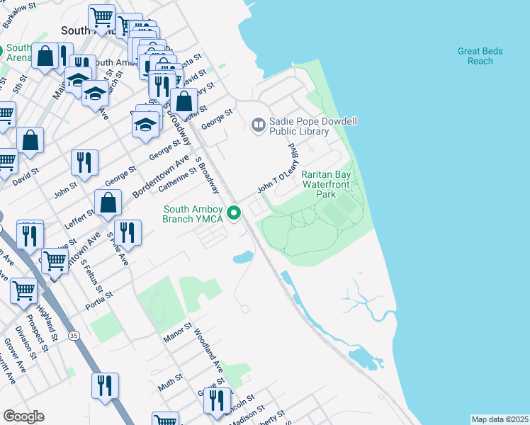 map of restaurants, bars, coffee shops, grocery stores, and more near 601 Bayside Court in South Amboy