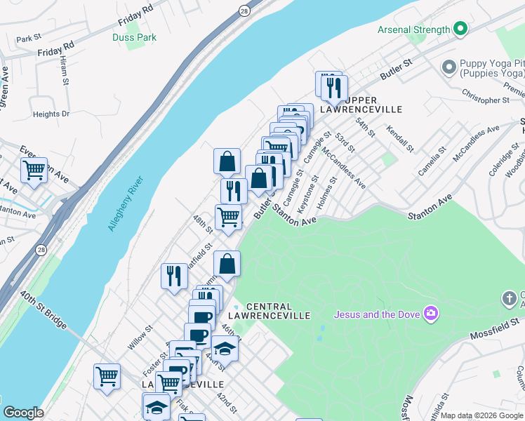 map of restaurants, bars, coffee shops, grocery stores, and more near 5000 Butler Street in Pittsburgh