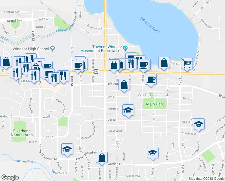 map of restaurants, bars, coffee shops, grocery stores, and more near 616 Elm Street in Windsor