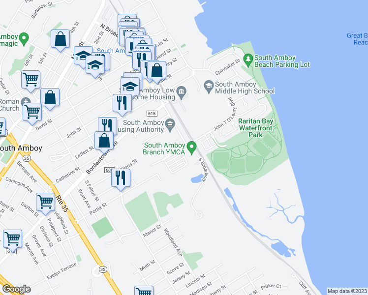 map of restaurants, bars, coffee shops, grocery stores, and more near 6 John T O'Leary Boulevard in South Amboy
