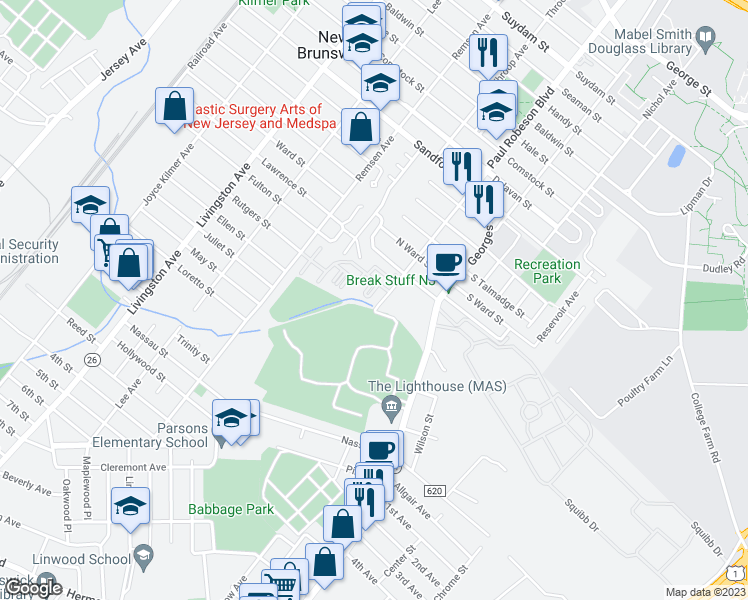 map of restaurants, bars, coffee shops, grocery stores, and more near 350 Commercial Avenue in New Brunswick