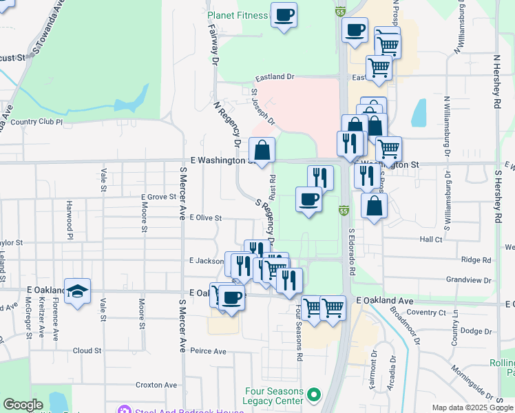 map of restaurants, bars, coffee shops, grocery stores, and more near 123 South Regency Drive in Bloomington