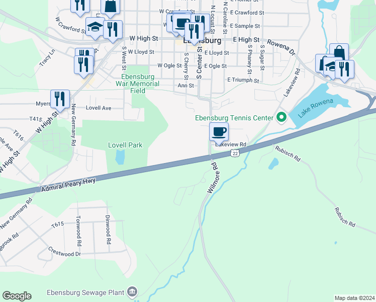map of restaurants, bars, coffee shops, grocery stores, and more near 100 Candlelight Drive in Ebensburg