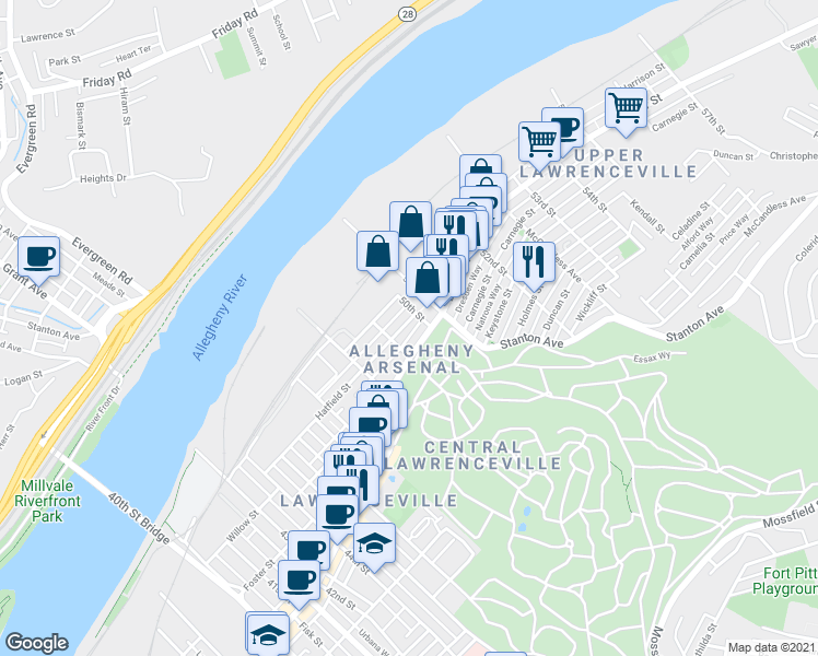 map of restaurants, bars, coffee shops, grocery stores, and more near 4920 Hatfield Street in Pittsburgh