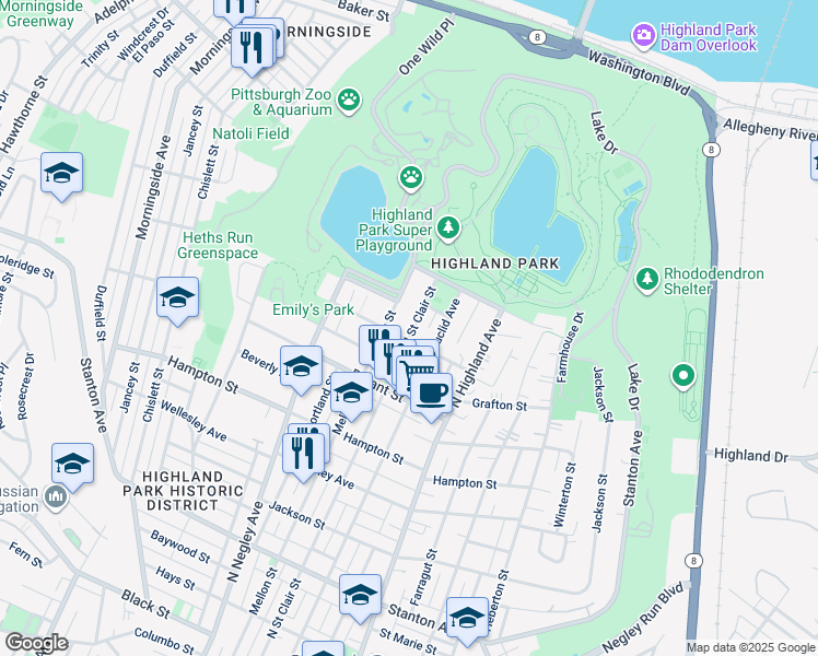 map of restaurants, bars, coffee shops, grocery stores, and more near 1403 North Saint Clair Street in Pittsburgh