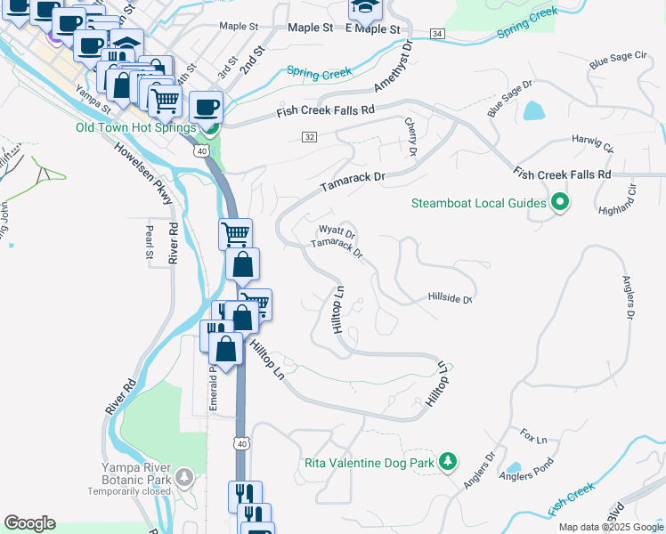 map of restaurants, bars, coffee shops, grocery stores, and more near 566 Jay Court in Steamboat Springs