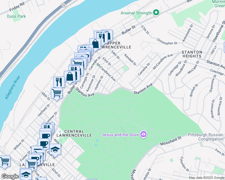 map of restaurants, bars, coffee shops, grocery stores, and more near in Pittsburgh