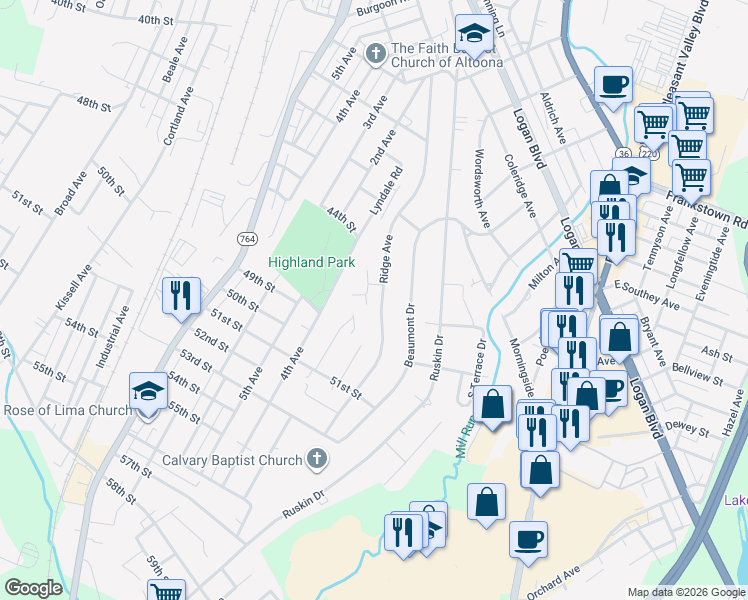 map of restaurants, bars, coffee shops, grocery stores, and more near 402 Ridge Avenue in Altoona