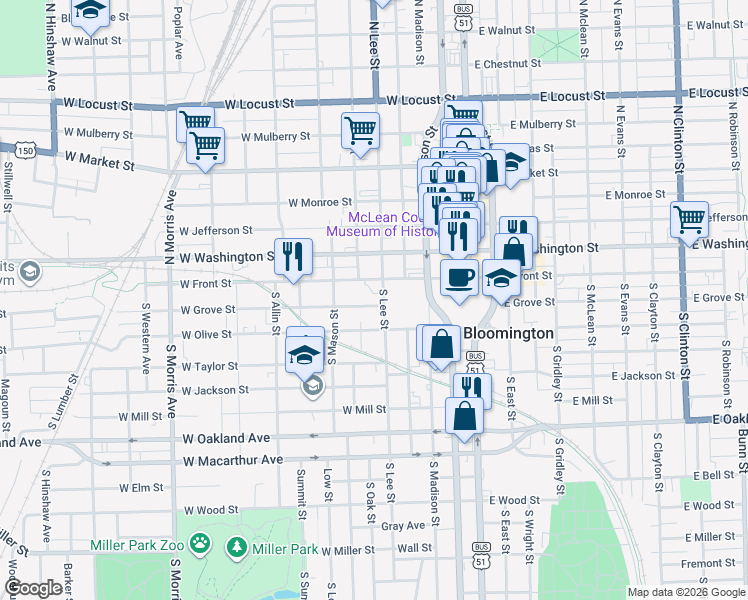 map of restaurants, bars, coffee shops, grocery stores, and more near 505 West Grove Street in Bloomington