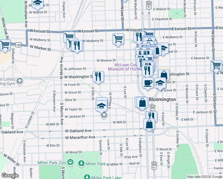 map of restaurants, bars, coffee shops, grocery stores, and more near 525 West Grove Street in Bloomington
