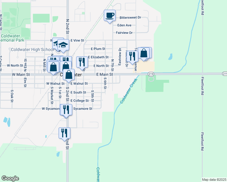 map of restaurants, bars, coffee shops, grocery stores, and more near 207 South 7th Street in Coldwater