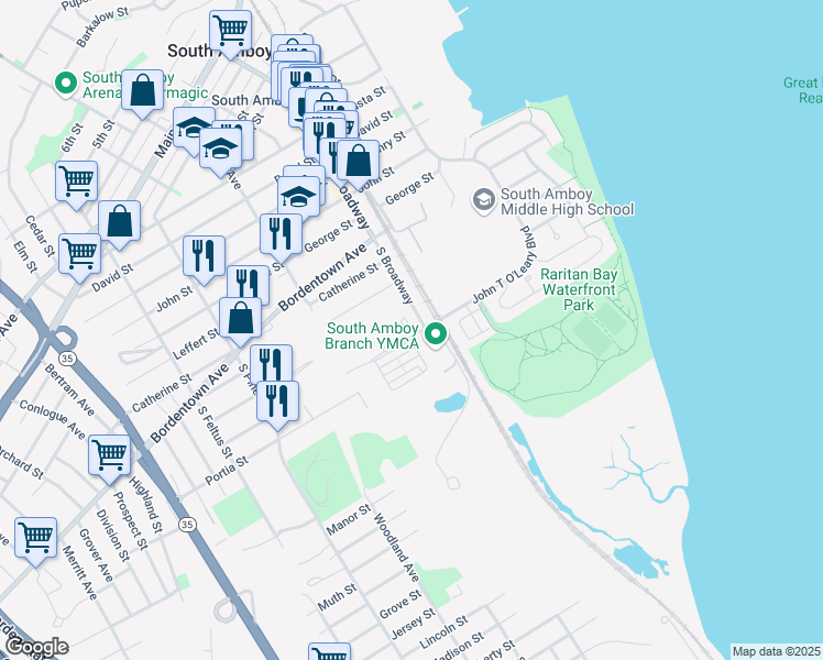map of restaurants, bars, coffee shops, grocery stores, and more near 6 John T O'Leary Boulevard in South Amboy