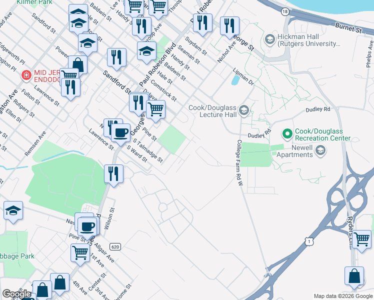 map of restaurants, bars, coffee shops, grocery stores, and more near 34 Reservoir Avenue in New Brunswick