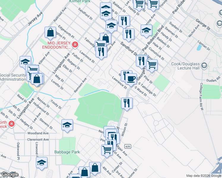 map of restaurants, bars, coffee shops, grocery stores, and more near 350 Commercial Avenue in New Brunswick