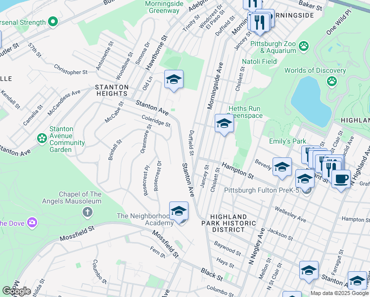 map of restaurants, bars, coffee shops, grocery stores, and more near 1035 Duffield Street in Pittsburgh
