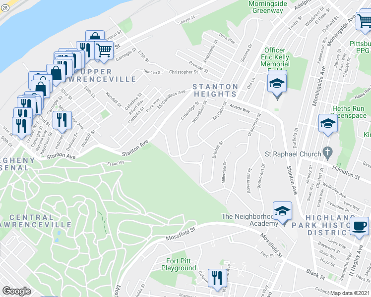 map of restaurants, bars, coffee shops, grocery stores, and more near 1014 Woodbine Street in Pittsburgh