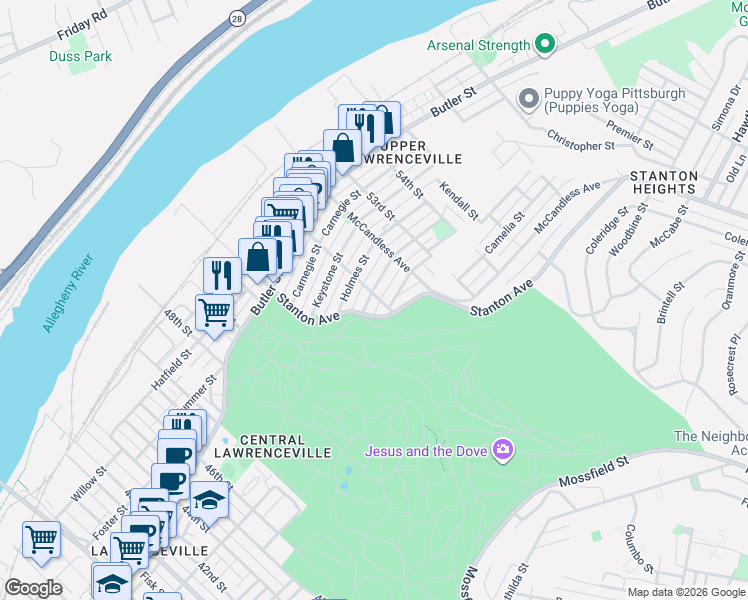 map of restaurants, bars, coffee shops, grocery stores, and more near 5181 Stanton Avenue in Pittsburgh