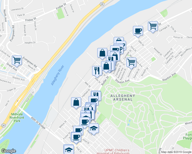 map of restaurants, bars, coffee shops, grocery stores, and more near 4900 Hatfield Street in Pittsburgh