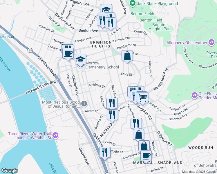 map of restaurants, bars, coffee shops, grocery stores, and more near 3420 Reuben Street in Pittsburgh