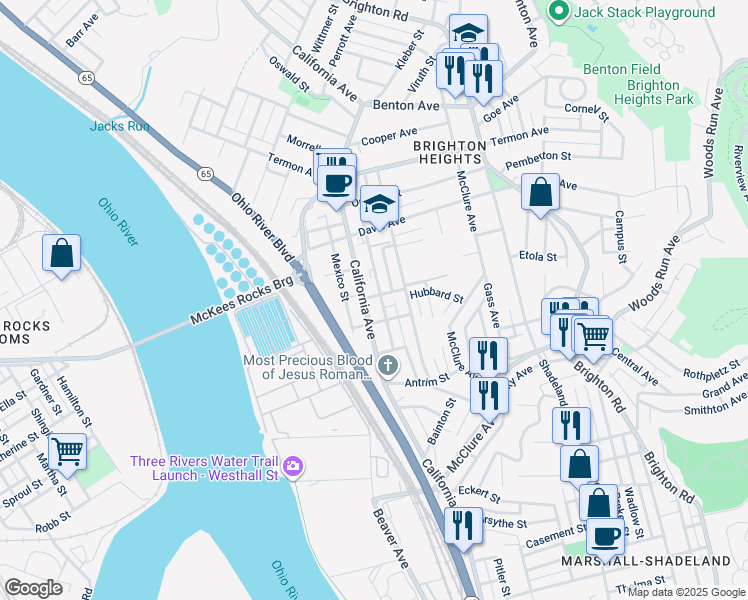 map of restaurants, bars, coffee shops, grocery stores, and more near 3442 California Avenue in Pittsburgh