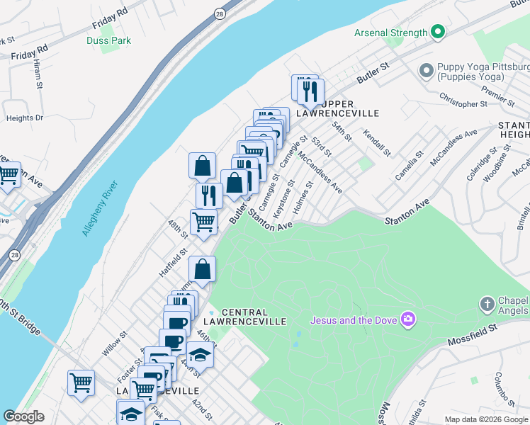 map of restaurants, bars, coffee shops, grocery stores, and more near 5104 Keystone Street in Pittsburgh