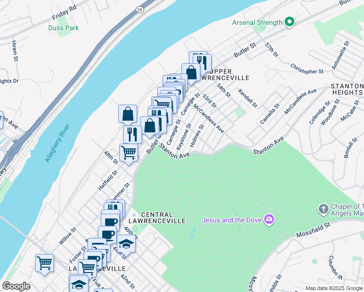map of restaurants, bars, coffee shops, grocery stores, and more near 5128 Keystone Street in Pittsburgh