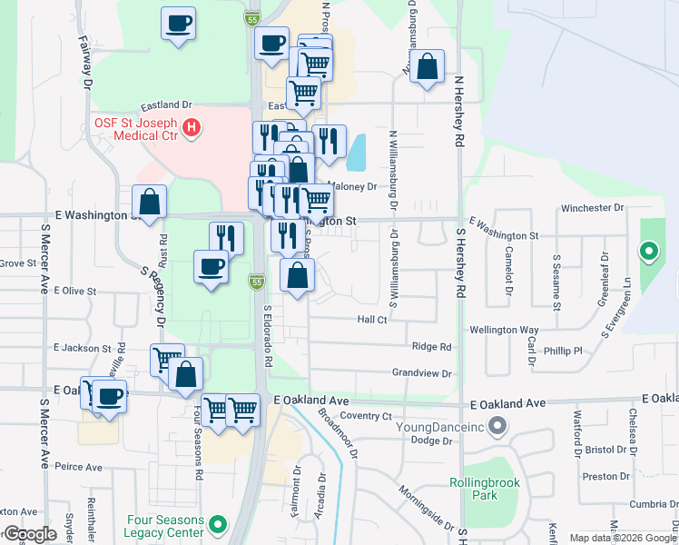 map of restaurants, bars, coffee shops, grocery stores, and more near 214 Catalpa Drive in Bloomington