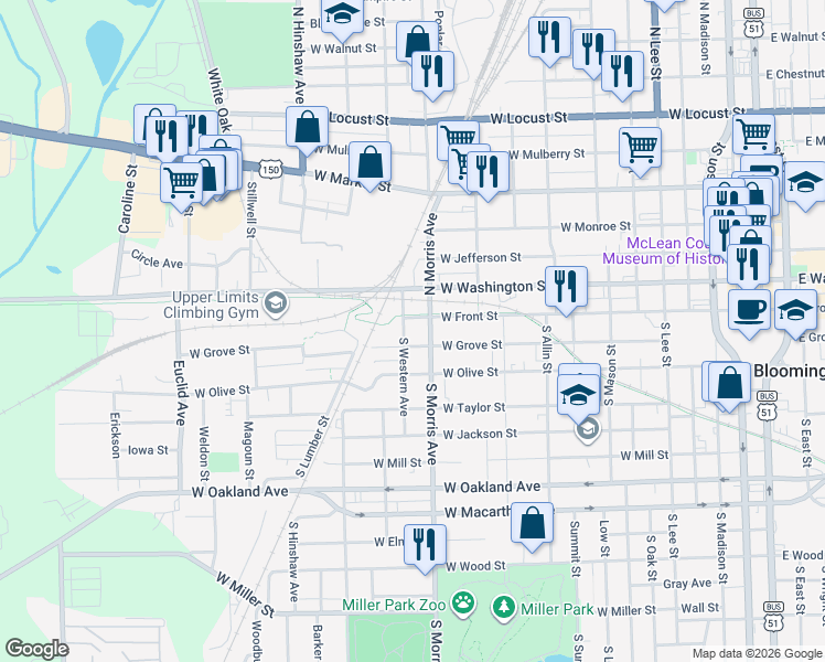 map of restaurants, bars, coffee shops, grocery stores, and more near 1006 West Grove Street in Bloomington