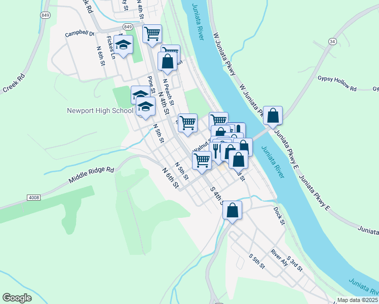 map of restaurants, bars, coffee shops, grocery stores, and more near 422 Walnut Street in Newport