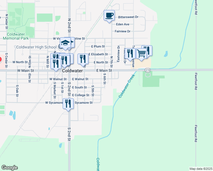 map of restaurants, bars, coffee shops, grocery stores, and more near 207 South 7th Street in Coldwater