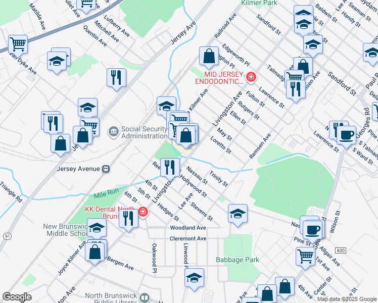 map of restaurants, bars, coffee shops, grocery stores, and more near 578 Livingston Avenue in New Brunswick