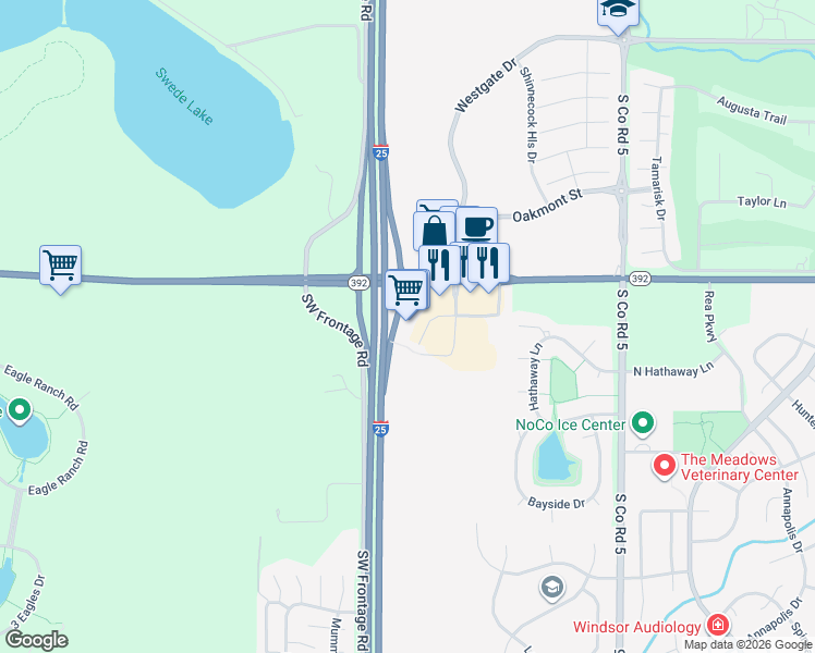 map of restaurants, bars, coffee shops, grocery stores, and more near 4630 Royal Vista Circle in Windsor