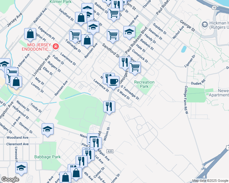 map of restaurants, bars, coffee shops, grocery stores, and more near 66 Georges Road in New Brunswick