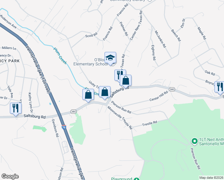 map of restaurants, bars, coffee shops, grocery stores, and more near 1095 Center New Texas Road in Pittsburgh