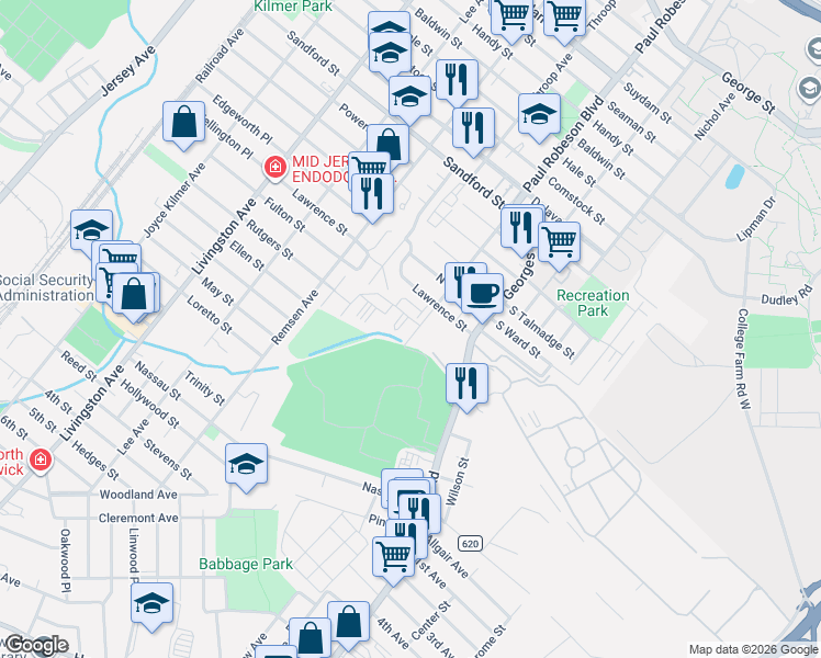 map of restaurants, bars, coffee shops, grocery stores, and more near 350 Commercial Avenue in New Brunswick