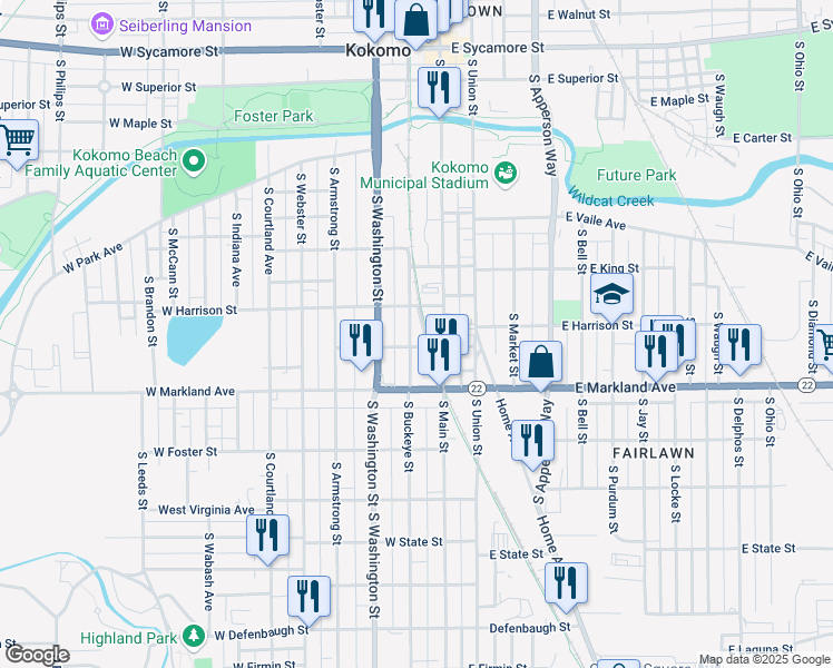 map of restaurants, bars, coffee shops, grocery stores, and more near 824 South Buckeye Street in Kokomo