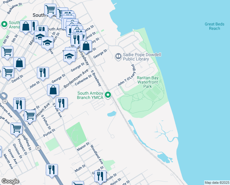 map of restaurants, bars, coffee shops, grocery stores, and more near 604 Bayside Court in South Amboy