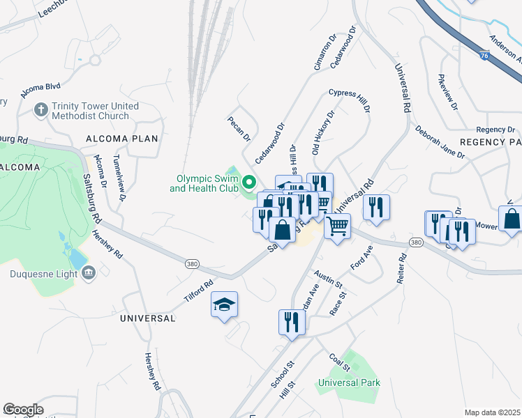 map of restaurants, bars, coffee shops, grocery stores, and more near 143 Oak Manor Place in Penn Hills