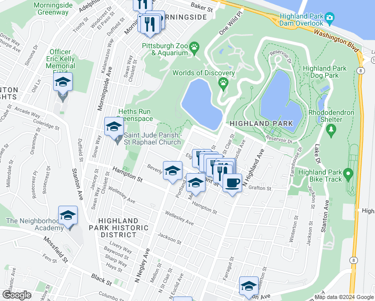 map of restaurants, bars, coffee shops, grocery stores, and more near 1212 North Negley Avenue in Pittsburgh