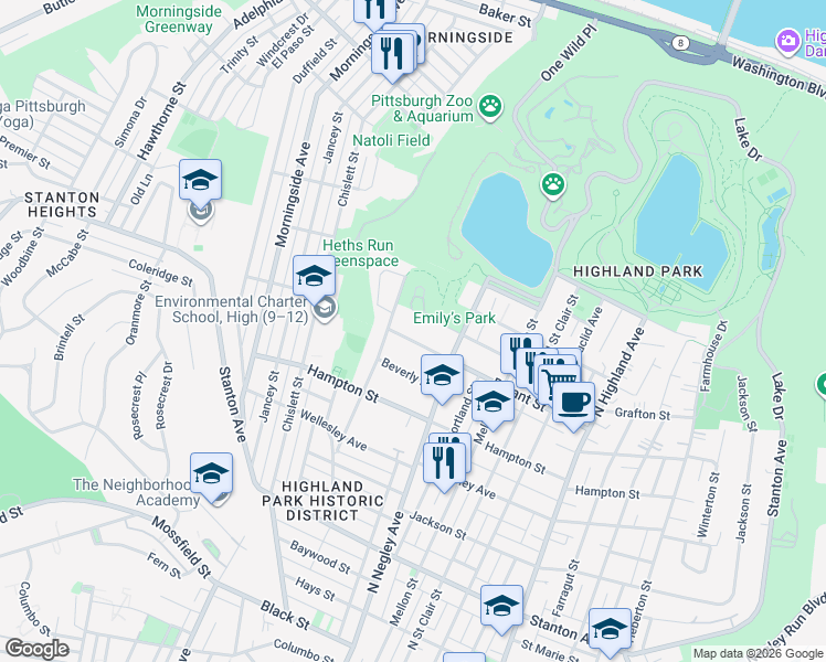map of restaurants, bars, coffee shops, grocery stores, and more near 5550 Bryant Street in Pittsburgh