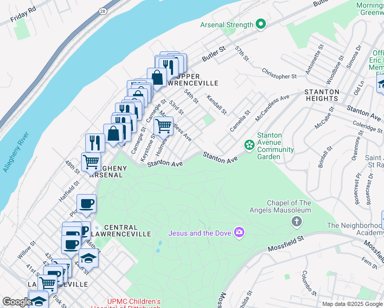 map of restaurants, bars, coffee shops, grocery stores, and more near in Pittsburgh