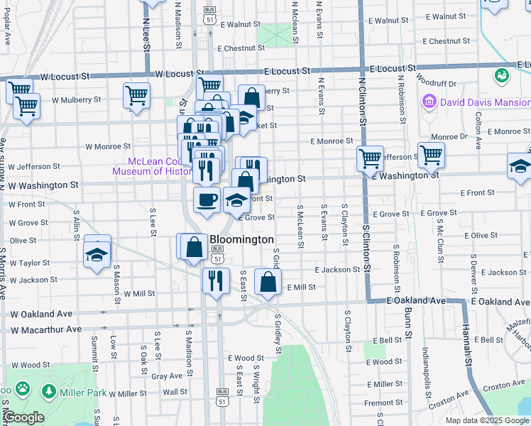 map of restaurants, bars, coffee shops, grocery stores, and more near 307 East Grove Street in Bloomington