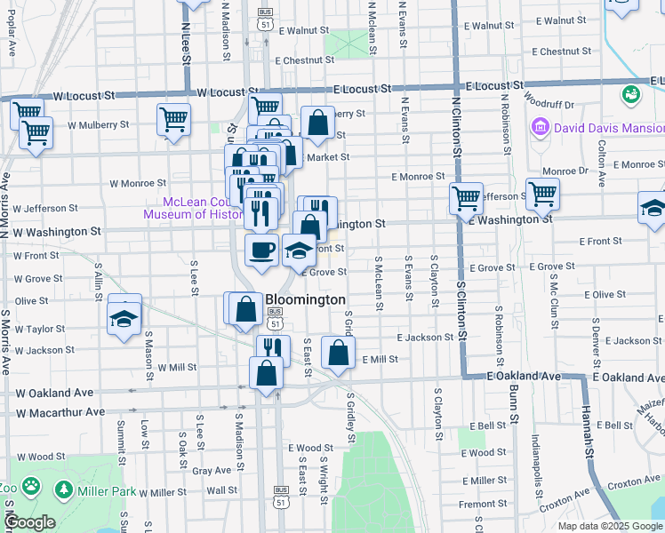 map of restaurants, bars, coffee shops, grocery stores, and more near 307 East Grove Street in Bloomington