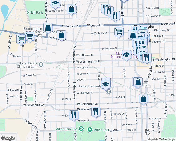 map of restaurants, bars, coffee shops, grocery stores, and more near 904 West Grove Street in Bloomington