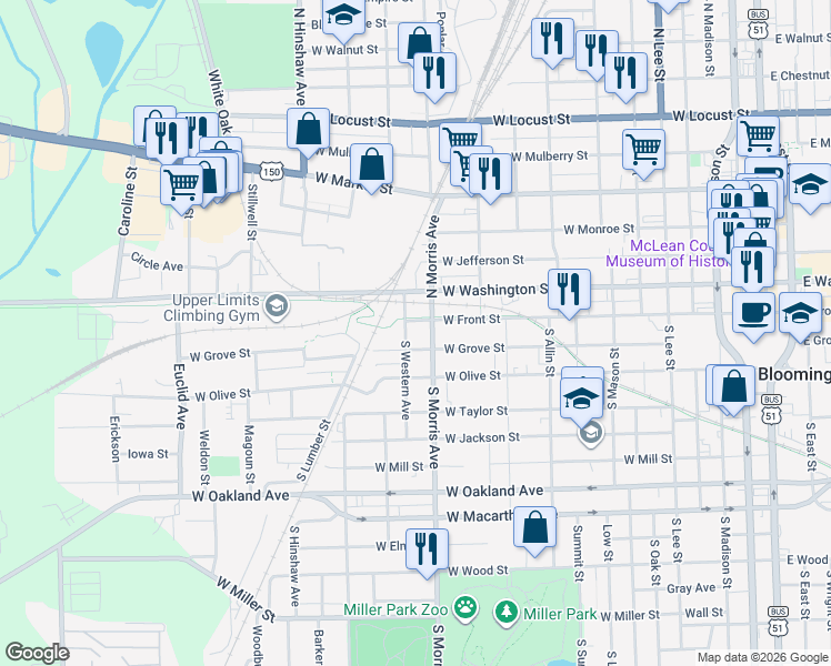 map of restaurants, bars, coffee shops, grocery stores, and more near 1006 West Grove Street in Bloomington